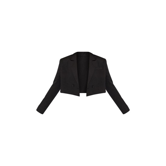 Black Woven Cropped Shoulder Padded Blazer